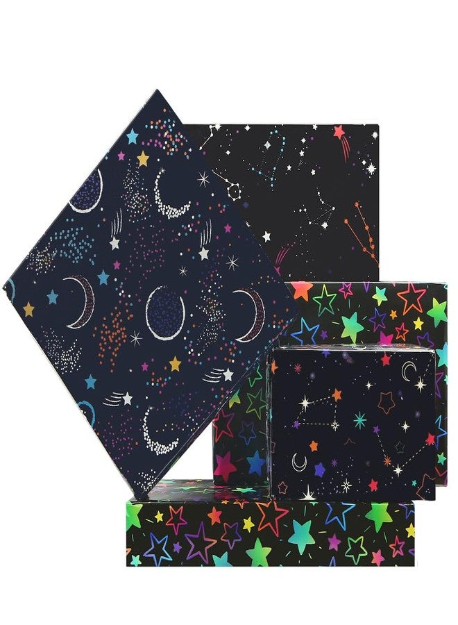Geluode Galaxy Wrapping Paper, Birthday Wrapping Paper for Men Women Boys Girls, 4 Sheets in 4 Designs With Constellation, Neon Stars, Starry Sky, Nebula for Birthday Wedding Christmas Baby Shower - Image 1